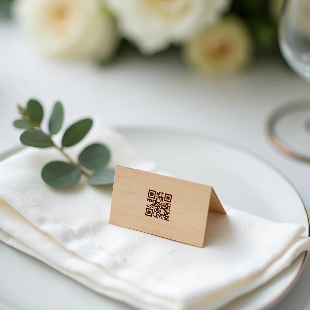 Plăcuță cu cod QR pe o masă de eveniment